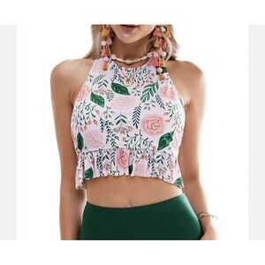 High Neck Peplum Crop Top Tankini Ruffle Floral NEW!!